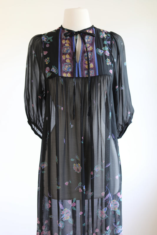 Vintage 1970s Rayon Gown - Indian-Inspired Boho Black Goth Border Print Robbie Bee Tent Tunic Size S to M