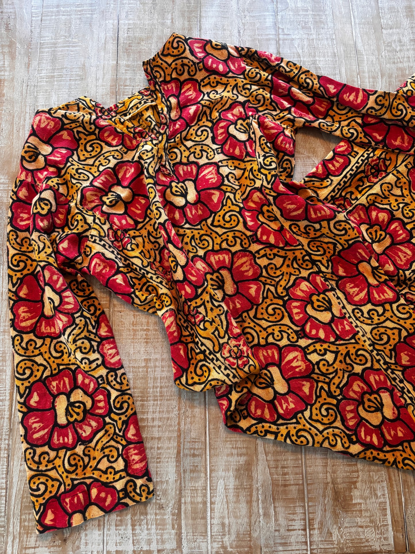 Vintage 1960s to 1970s Indian Gown - Easy-Going Block Print Floral India Cotton Maxi Kaftan Dress Size M