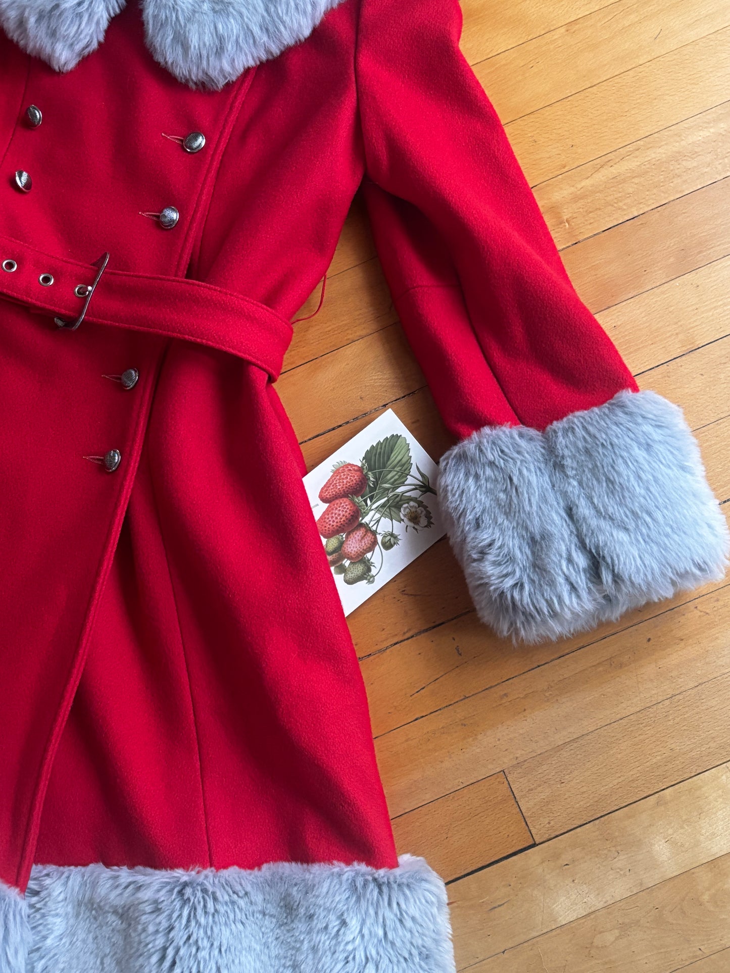 Vintage 1970s Princess Coat - Amazingly Beautiful Mod Crimson Red Wool + Frost Faux Fur Belted Overcoat Size S to M