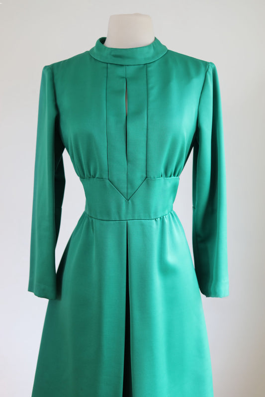 Vintage 1960s Designer Cocktail Dress - Structural Mod Silk Emerald Green Midi Dress w Cut-Out Size M
