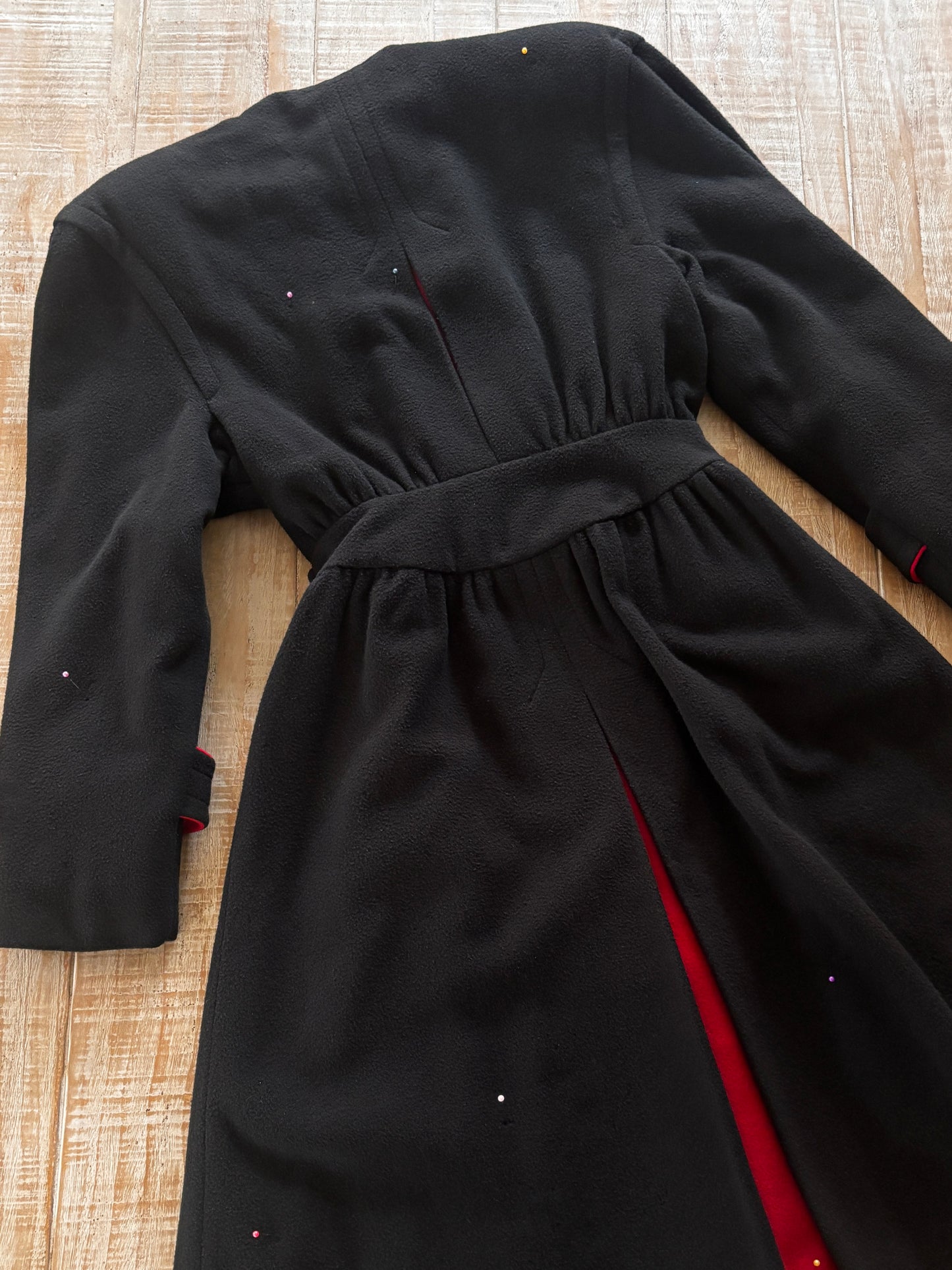 Vintage 1940s Hooded Princess Coat - Femme Fatale! Black Widow Spider Deco Wool Overcoat w Matching Hood Size S to M