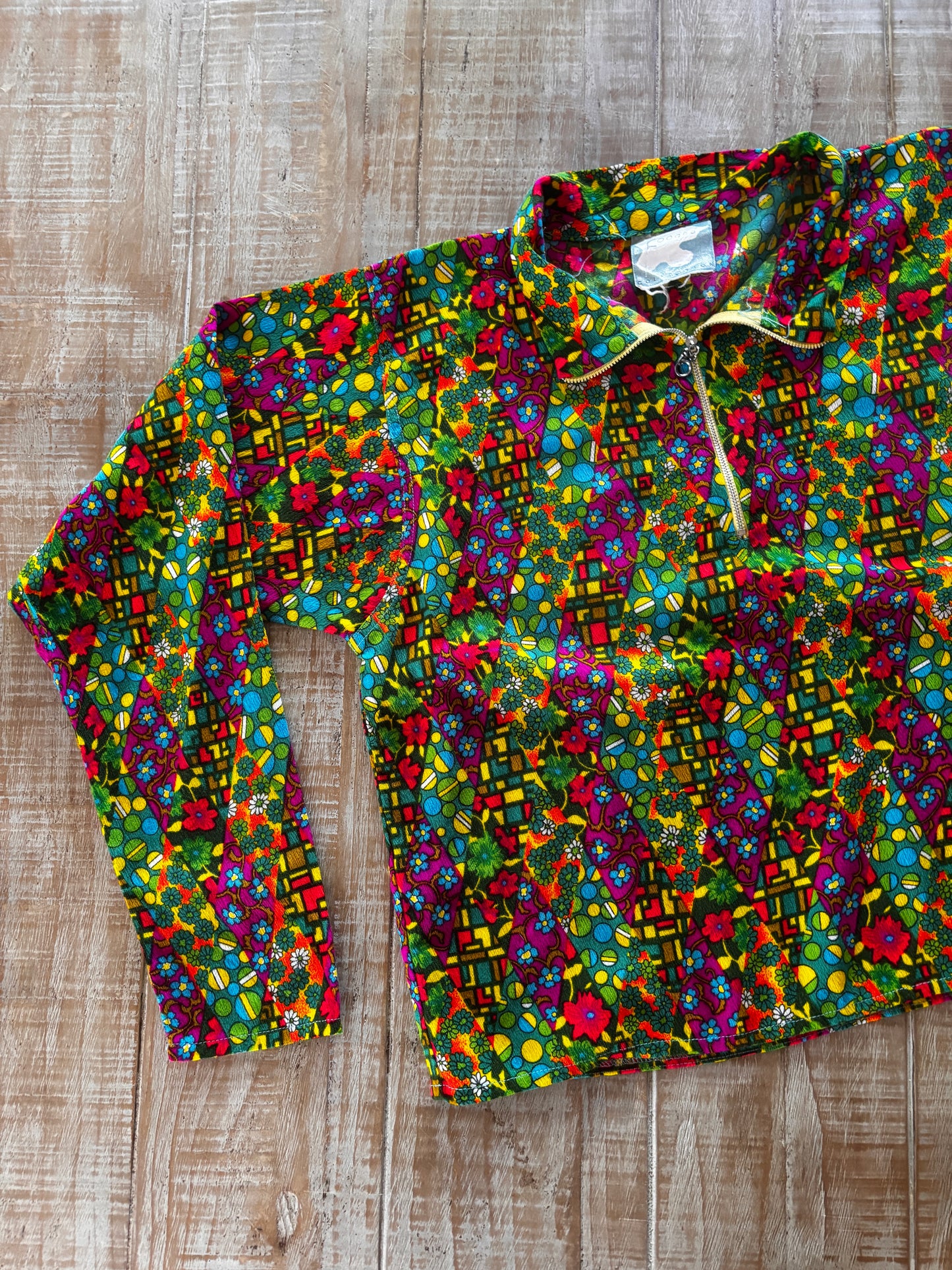 Vintage 1960s Psychedelic Pant Suit - Acid Neon Print Designer Metal Zip-up Top + Cigarette Pants Size M