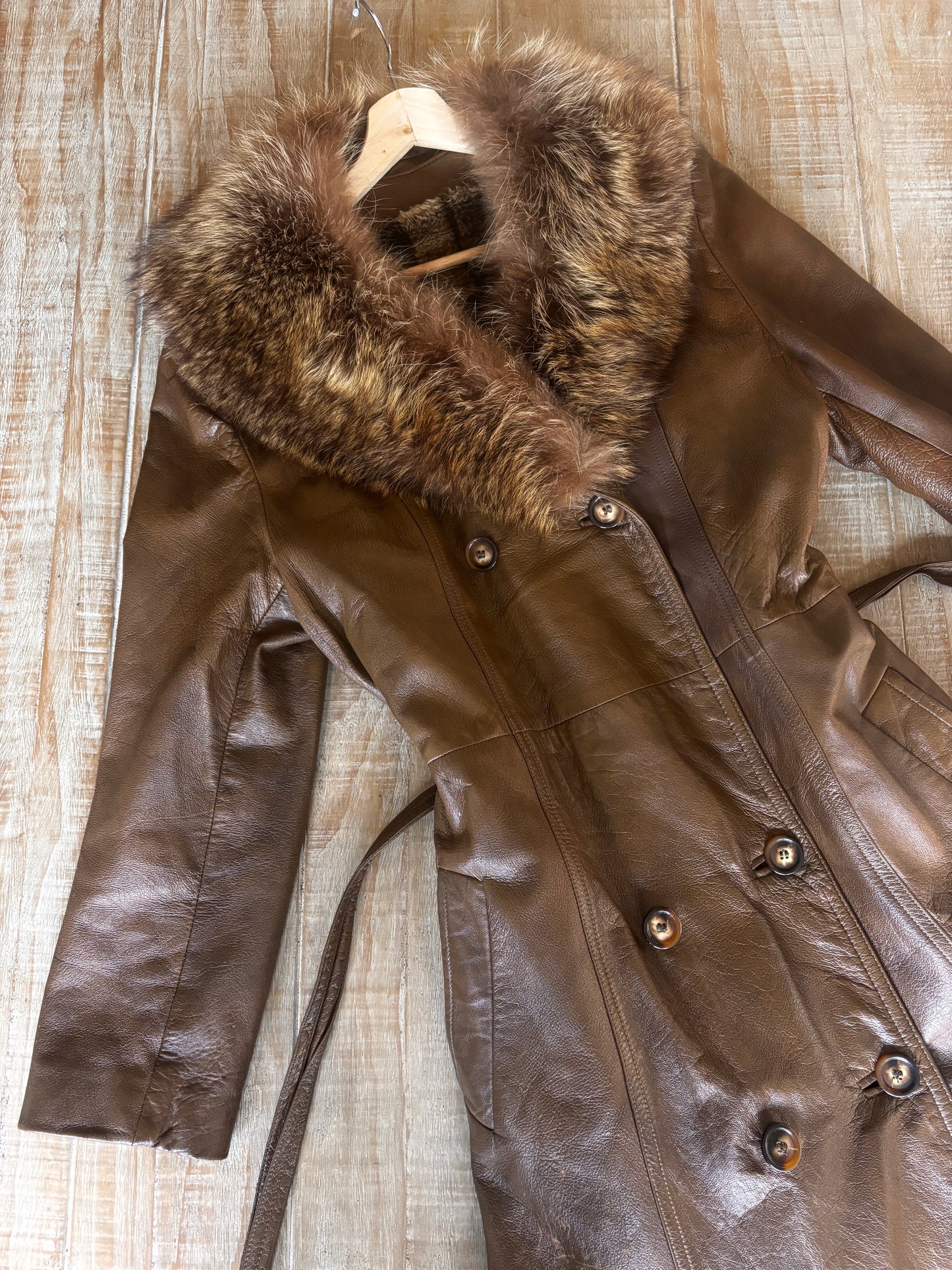 Vintage 1970s Leather + Fox Princess Coat - Chocolate Full-Length Belted Trench w Plaid Lining Size L