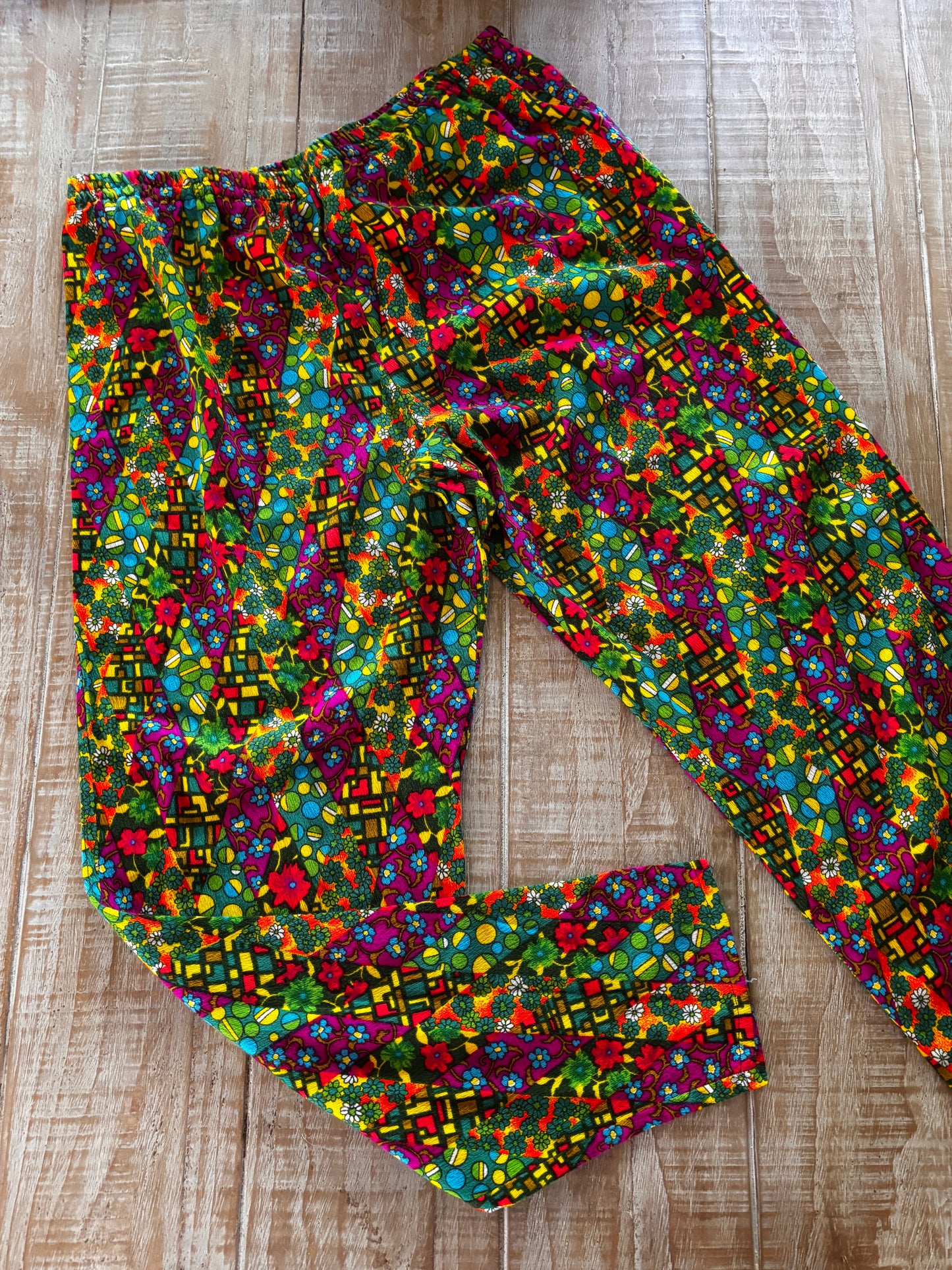 Vintage 1960s Psychedelic Pant Suit - Acid Neon Print Designer Metal Zip-up Top + Cigarette Pants Size M