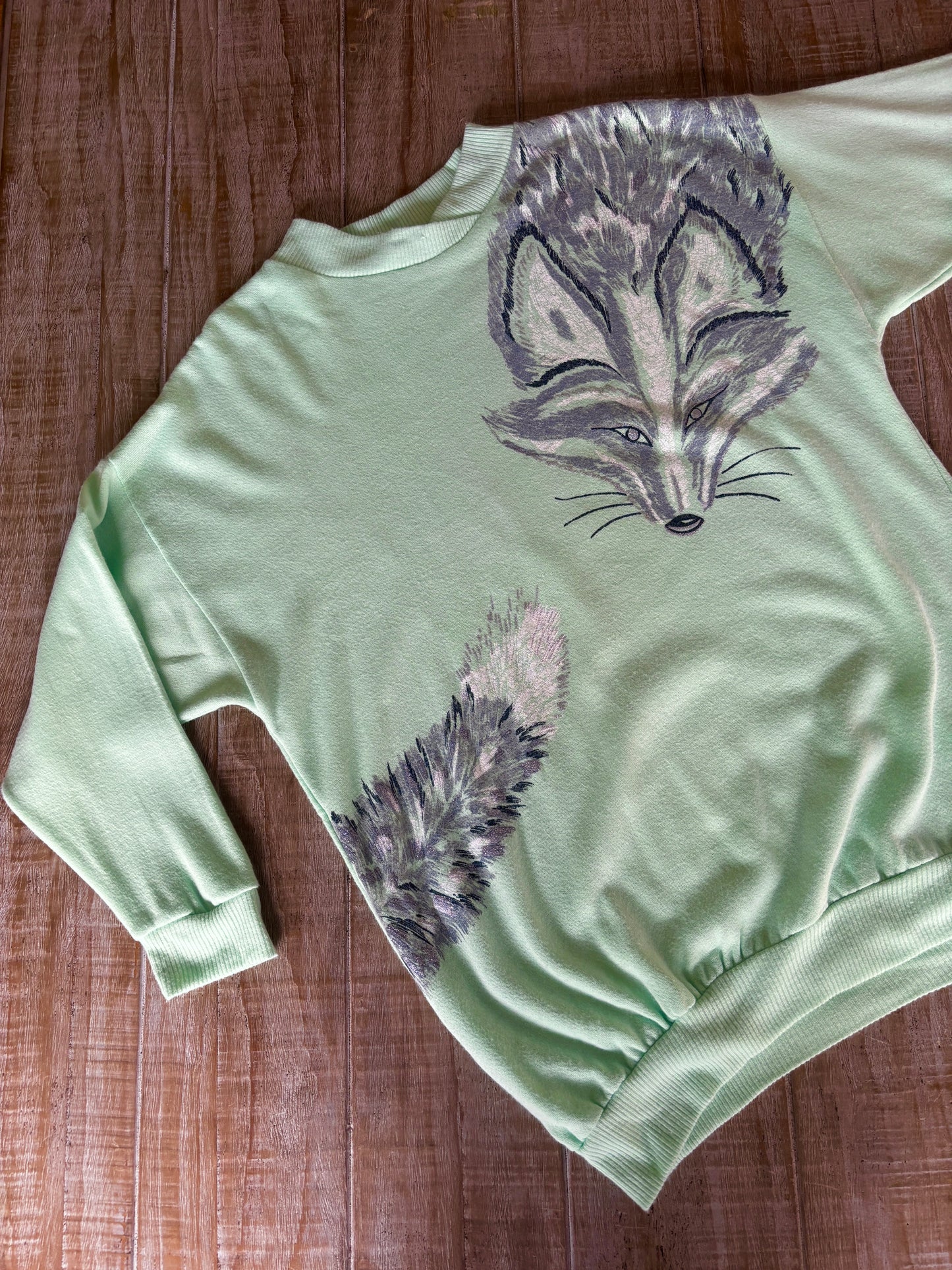 Vintage 1980s Novelty Fox Sweatshirt - Mint Green Cozy Jersey Top w Hand-Painted Fox "Stole" Size S to L