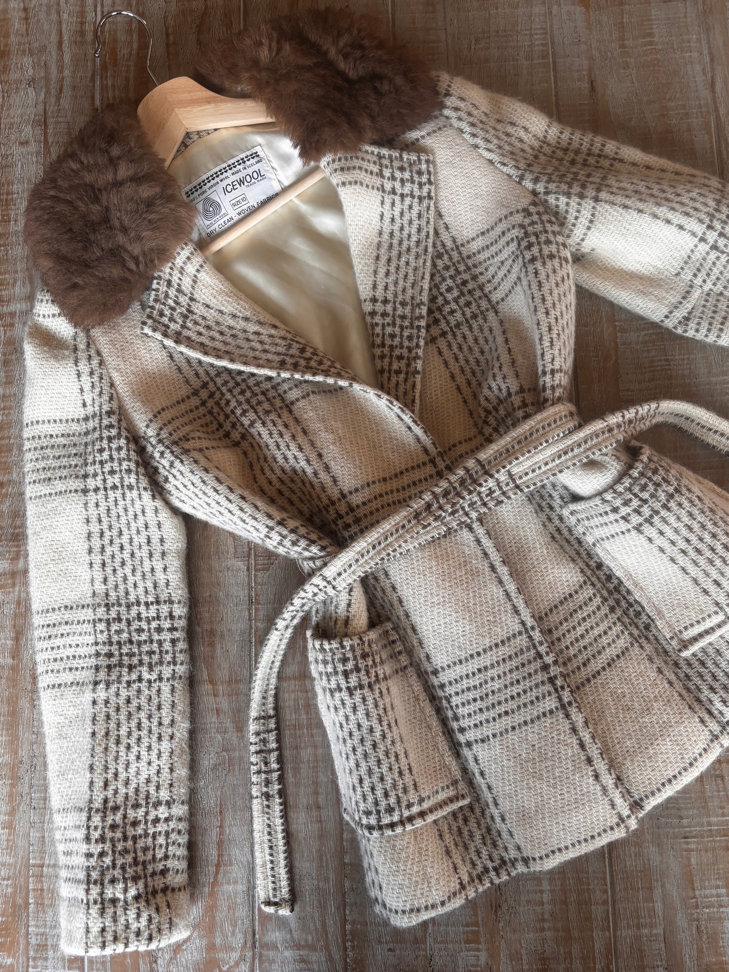 Vintage 1960s to 1970sp Icelandic Wool Princess Coat - Darling Neutral Cream + Tan "Icewool" Designer Car Coat w Belt Size S to M