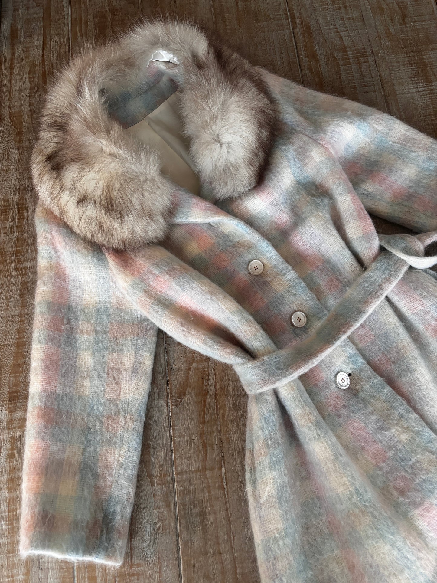 Vintage 1980s Mohair + Fur Coat - Rare Pastel Pink Blue Cream Plaid Designer Belted Coat w Blue Fox Collar Size M to L