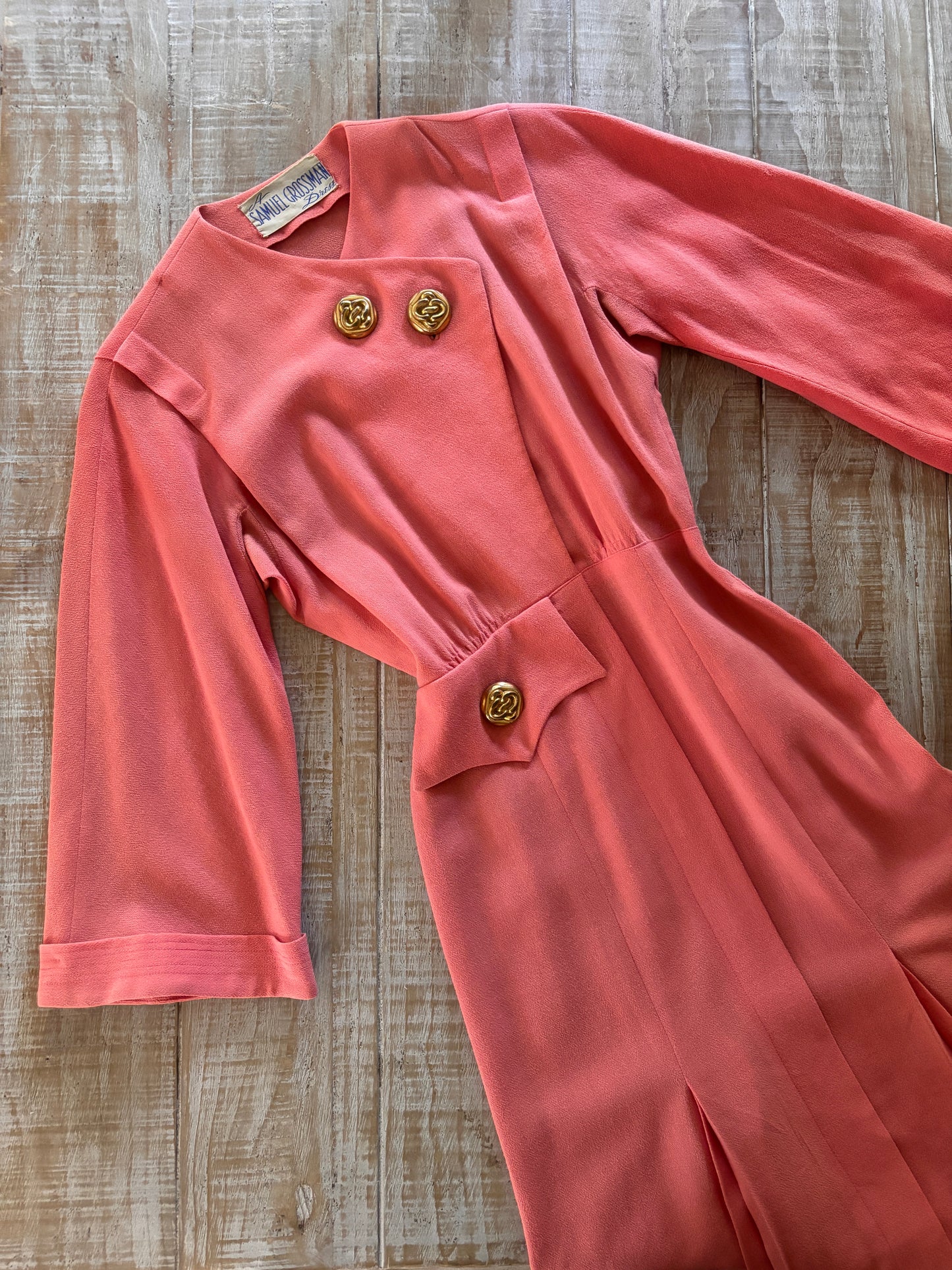 Vintage 1940s Dress - Smart, Sophisticated Coral Pink Wool Samuel Grossman w Gold Metal Accents Dress Size