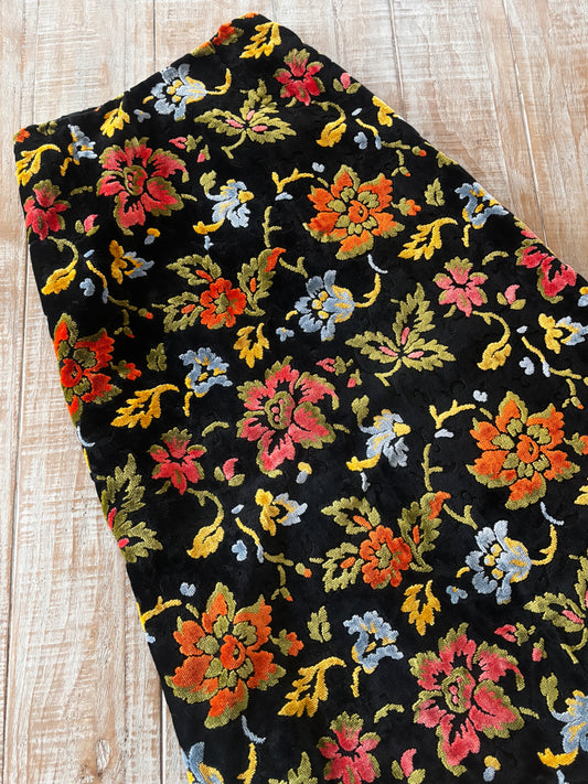 Vintage 1960s to 1970s Skirt - Rare Black Velvet Chenille Brocade Carpet Bag Maxi Skirt Size S to M