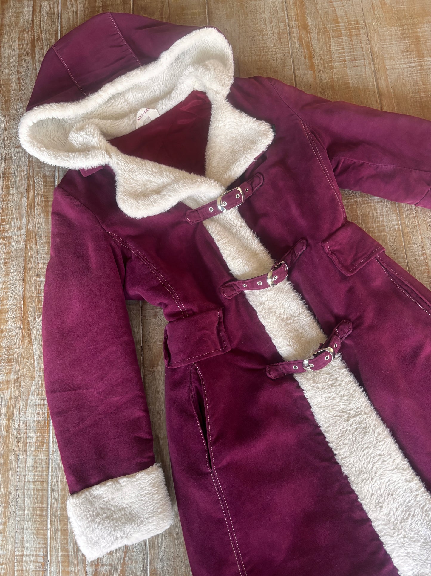 Vintage 1960s to 1970s Velvet HOODED Princess Coat - Buckle-Clasp Cranberry/Wine w Snowy Faux Fur Trim + Hood Size S to M