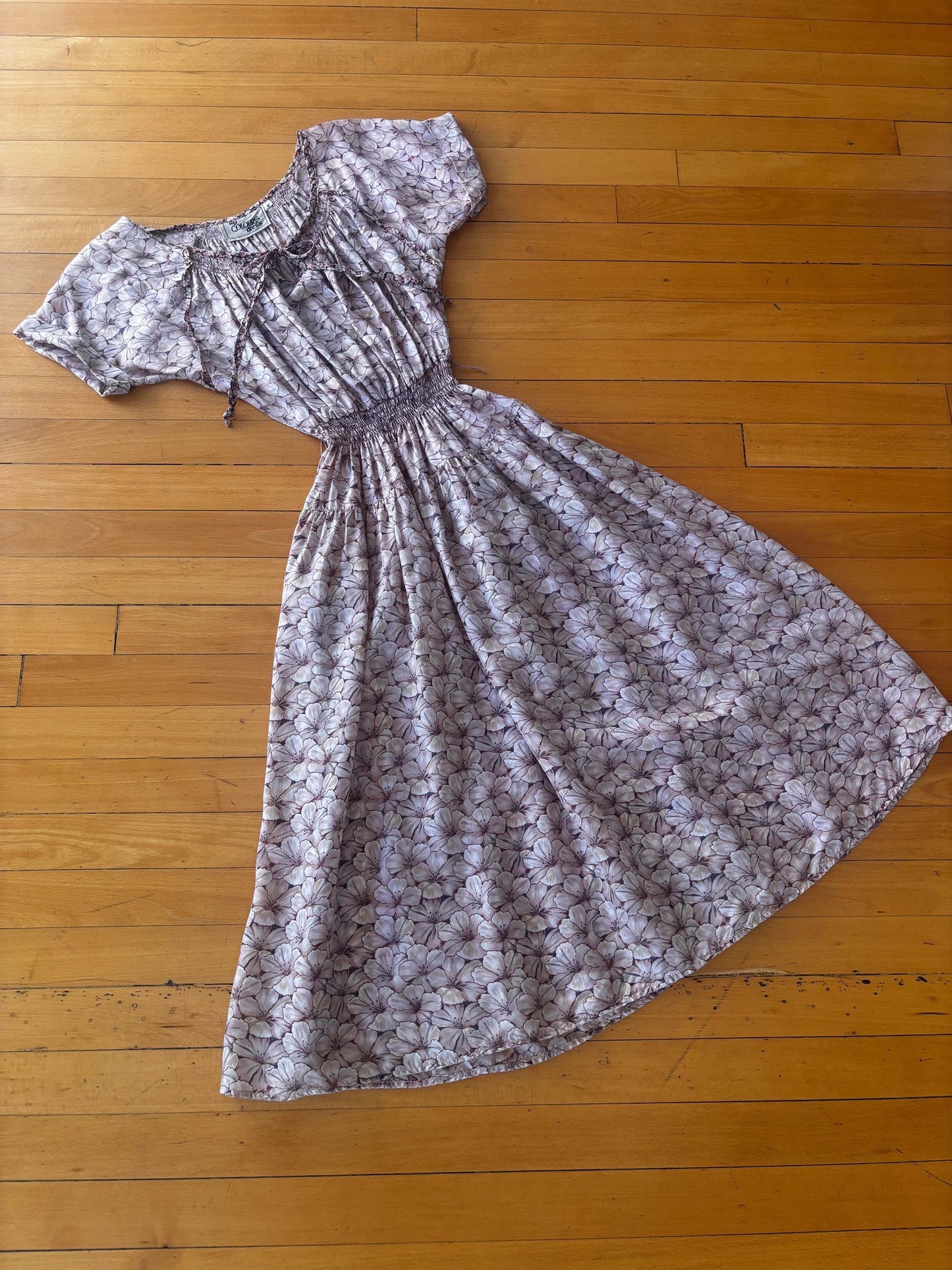 Vintage 1970s Midi Dress - Silky, Flowy Layered Blossom Print Pale Blush Folk Sundress Size XS to M