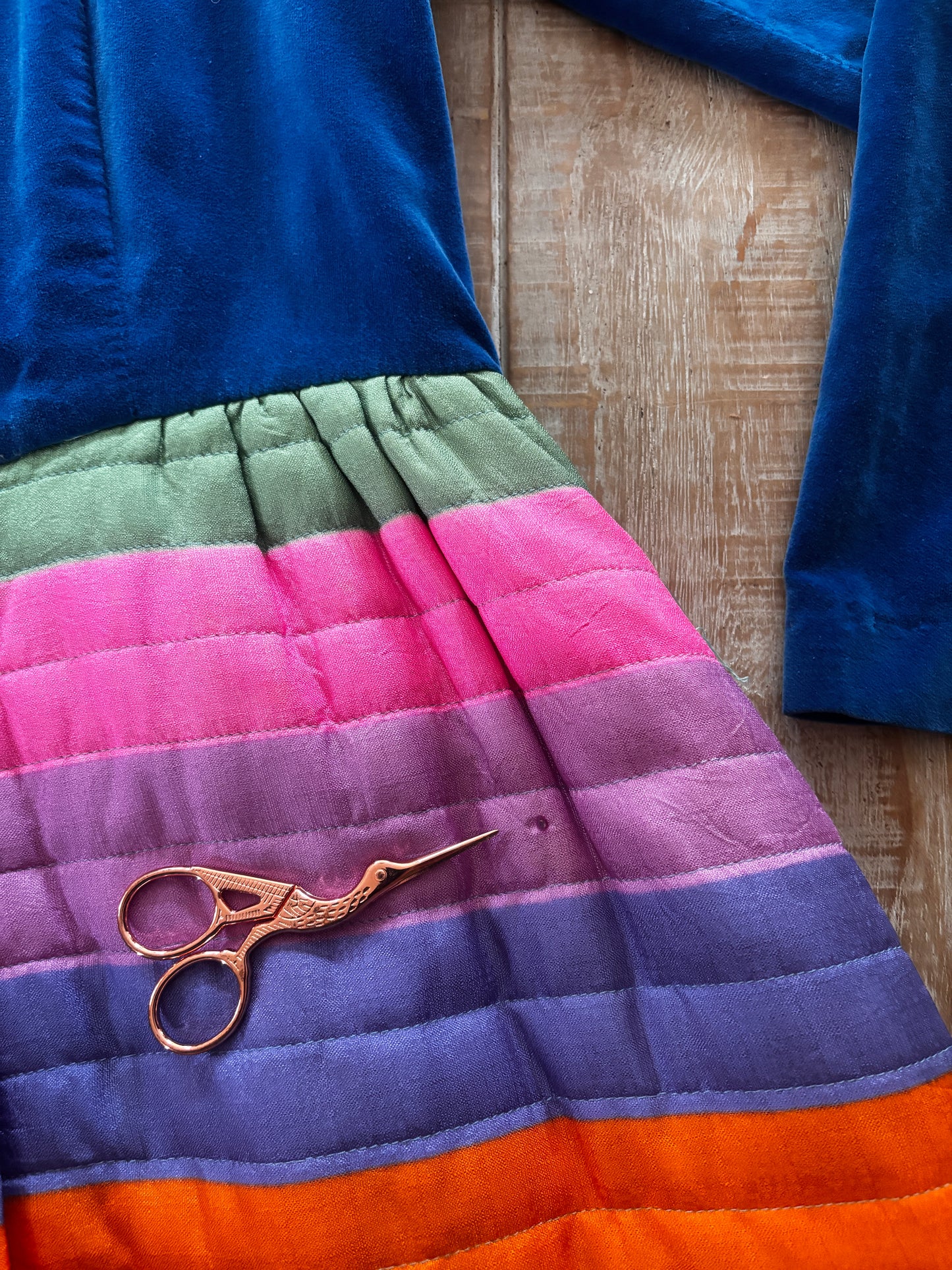 Vintage 1960s Dressing Gown - Silly and Fun Sapphire Velveteen + Rainbow Stripe Quilted Hostess Dress Size M