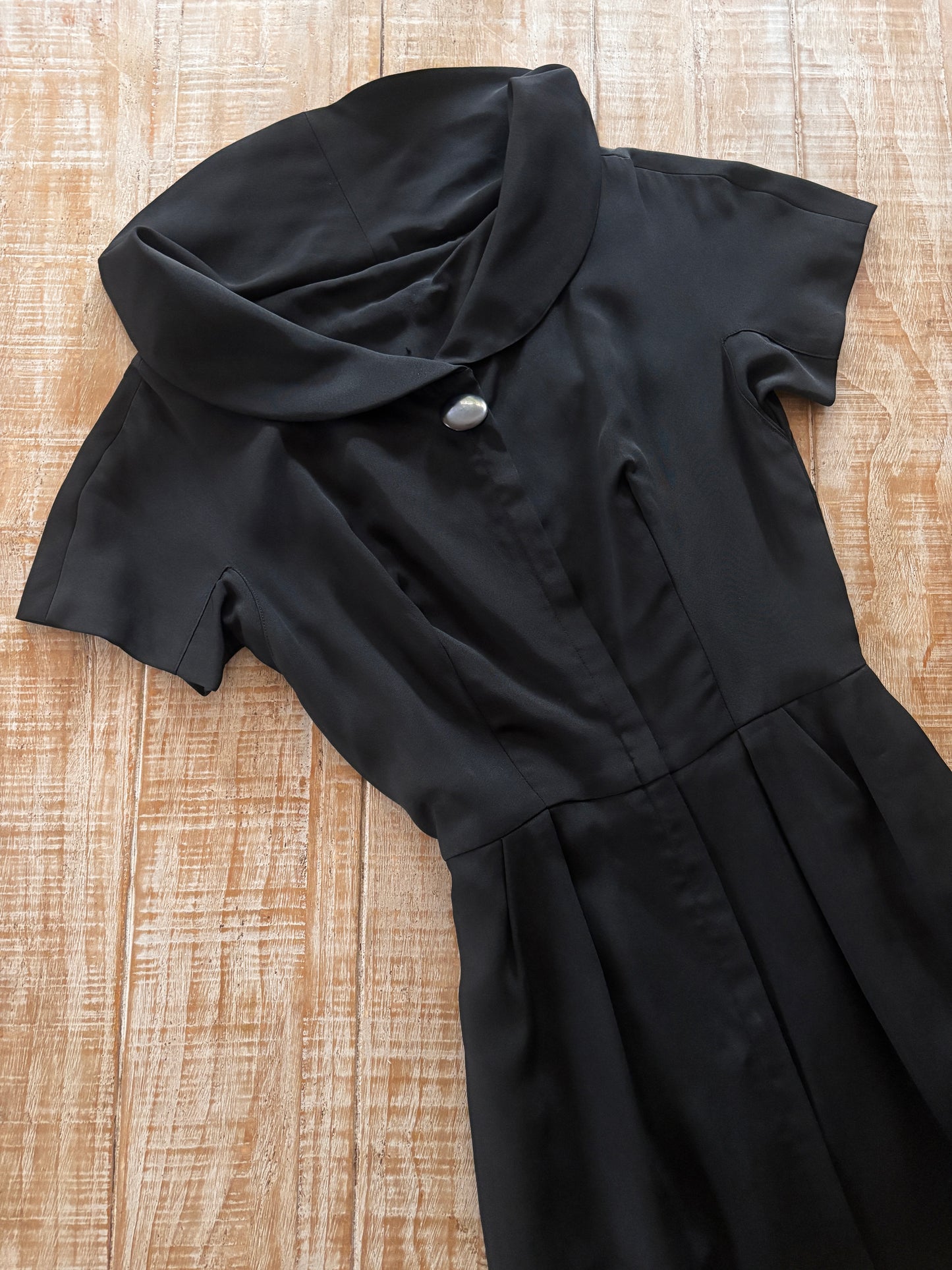 Vintage 1950s Zip-Front Dress - Bitchy Goth Austere Black Rayon w Bakelite + Pockets Size S to M