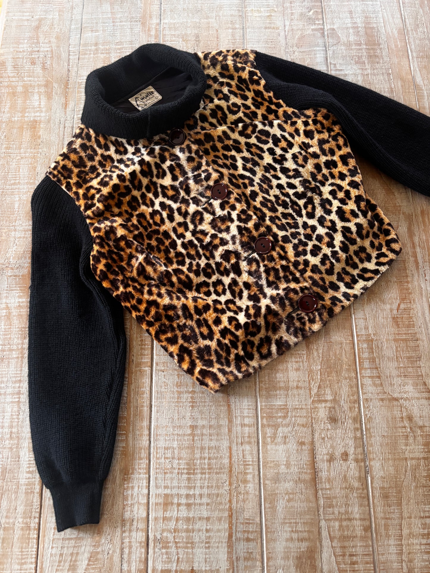 Vintage 1950s Panel Jacket - RARE Black Wool Knit + Velvety Leopard Print Faux Fur Shacket Sweater Cardigan Size M to L