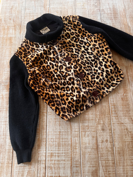 Vintage 1950s Panel Jacket - RARE Black Wool Knit + Velvety Leopard Print Faux Fur Shacket Sweater Cardigan Size M to L