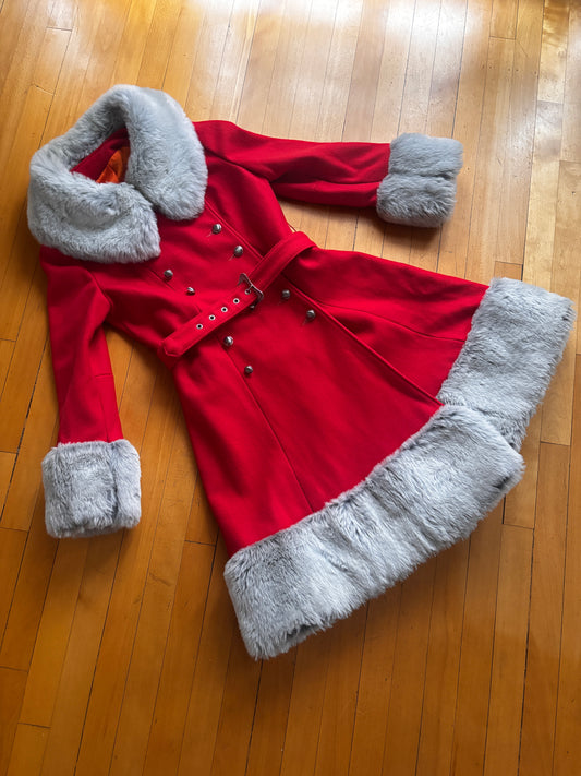 Vintage 1970s Princess Coat - Amazingly Beautiful Mod Crimson Red Wool + Frost Faux Fur Belted Overcoat Size S to M