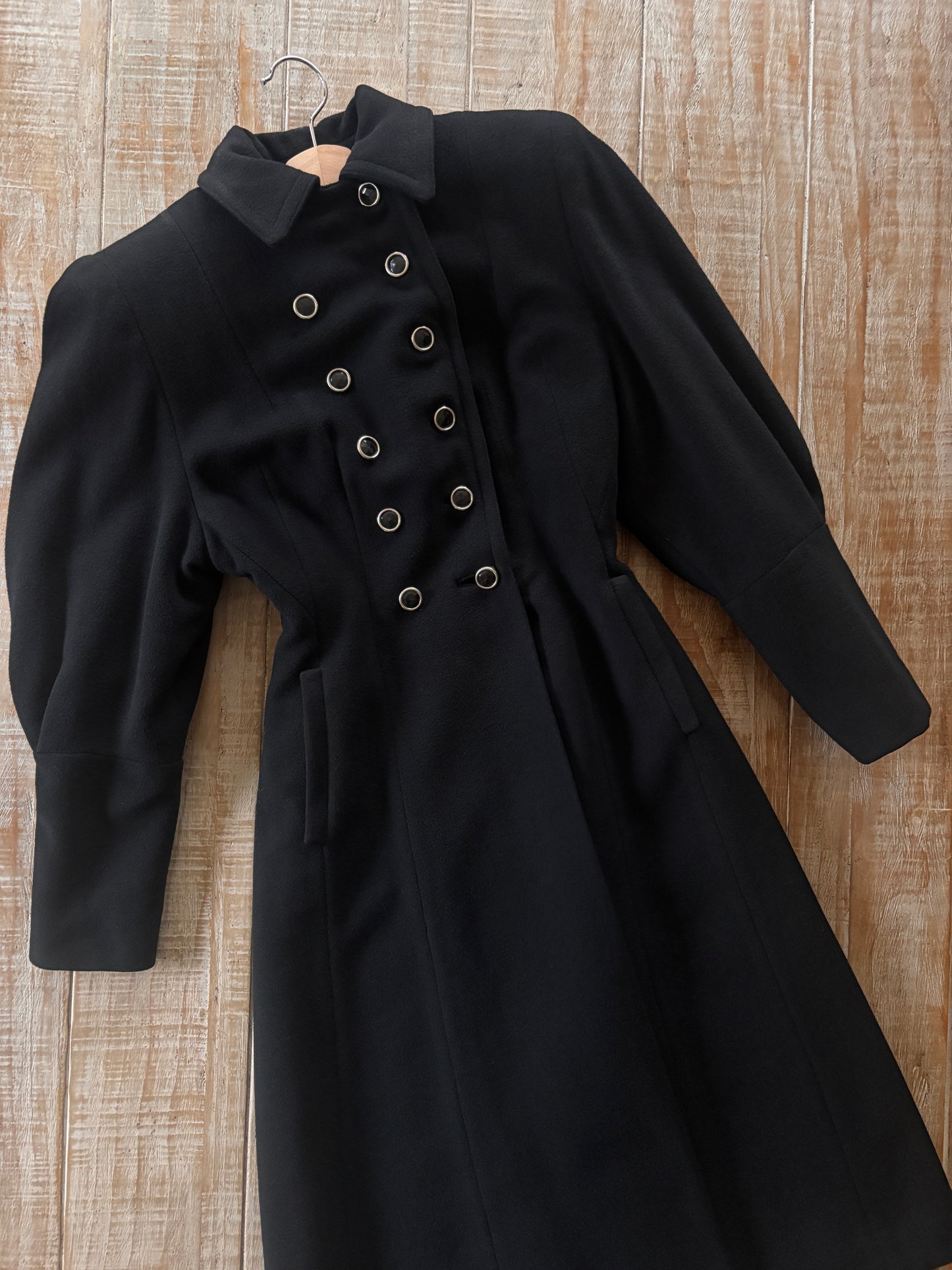 HALF-OFF SALE! Vintage 1940s Princess Coat - Military-Influenced Black Goth Bishop Sleeve Wool Coat w 14 Bakelite Buttons Size XS to S