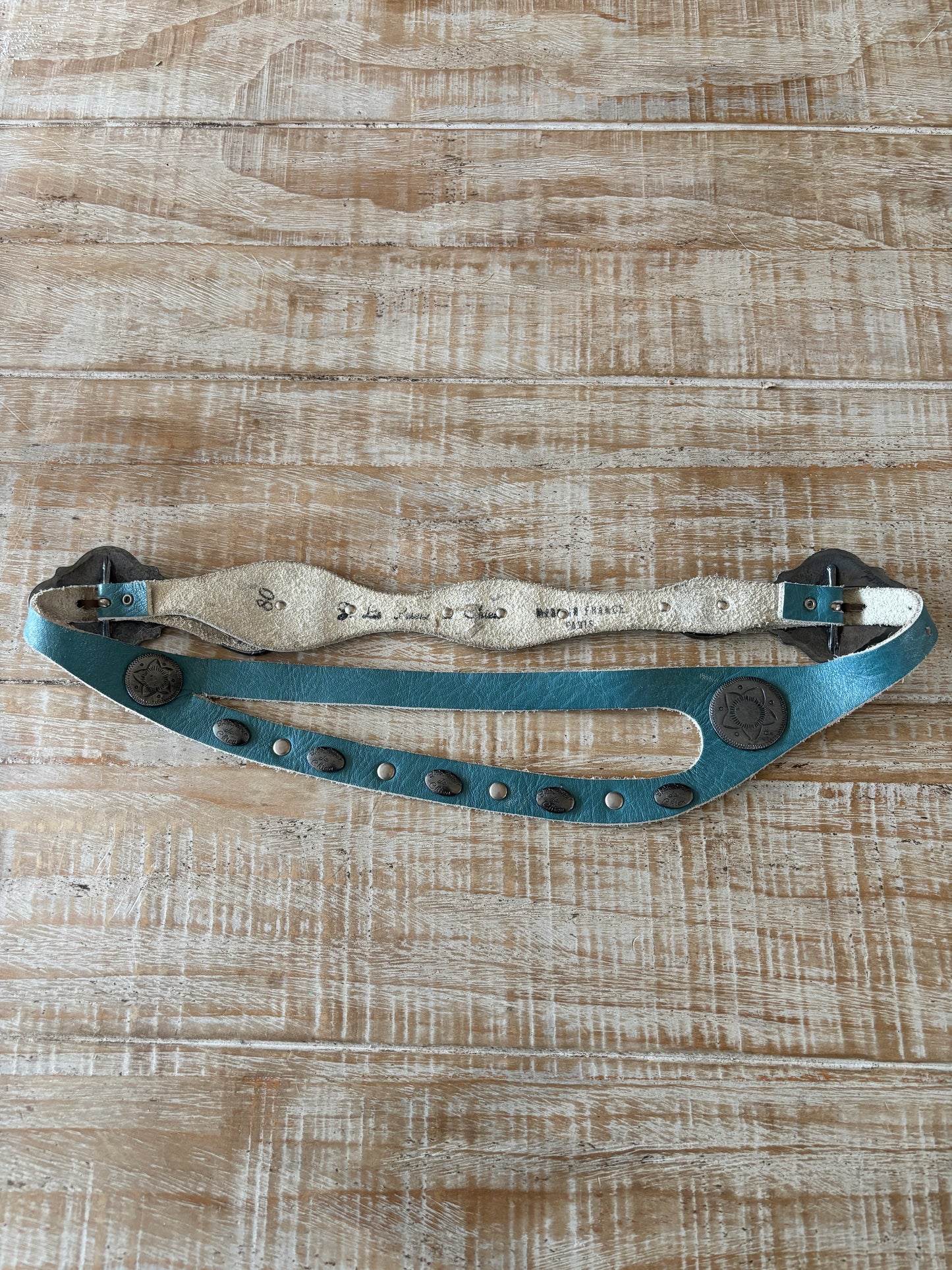 BELTOPIA! Vintage 1980s French Boho-Western Belt - Delphite Blue "J. Le Peleur de Chien" Designer w Silver Conchos Double Buckle Belt Size M to L