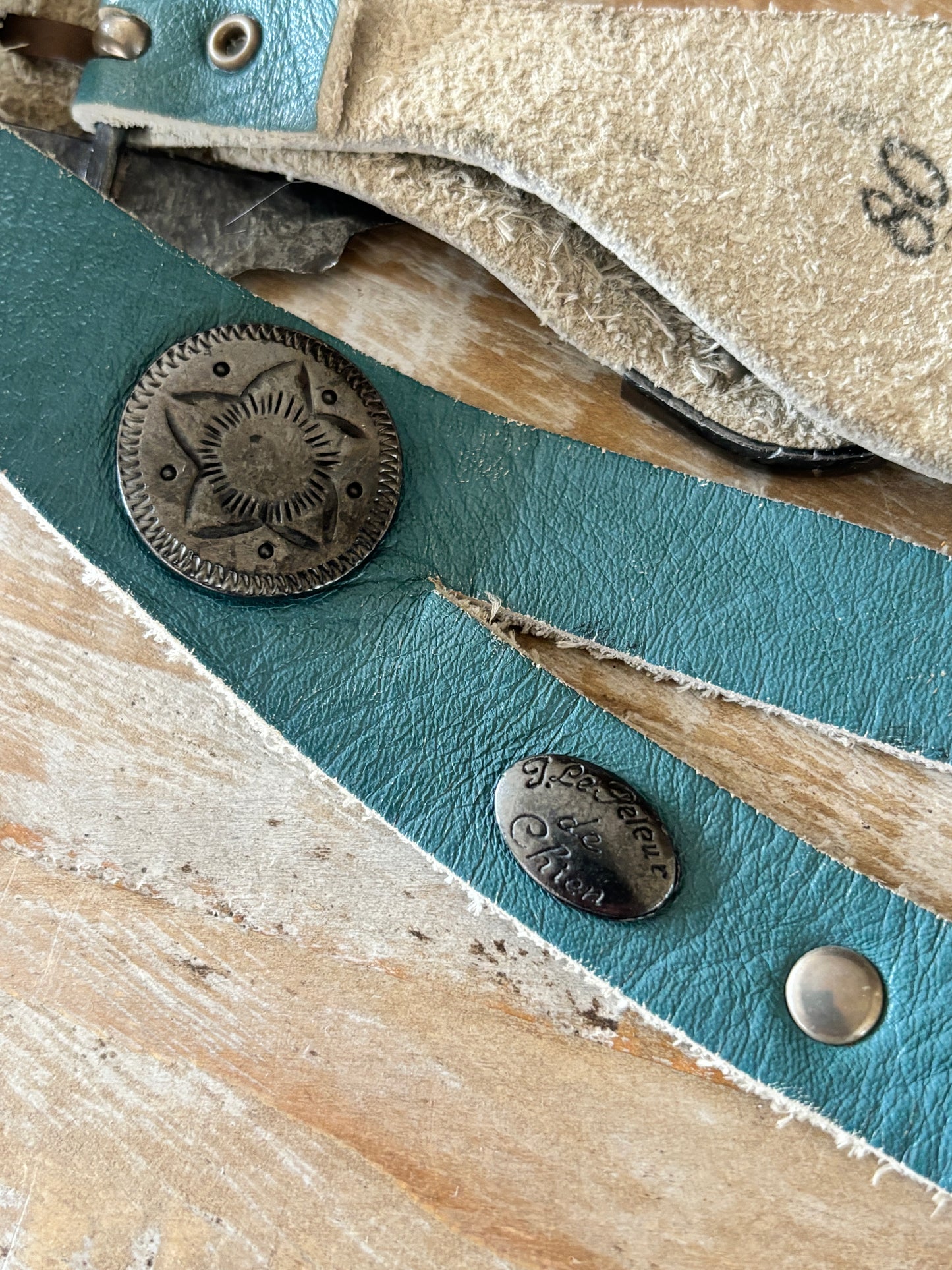 BELTOPIA! Vintage 1980s French Boho-Western Belt - Delphite Blue "J. Le Peleur de Chien" Designer w Silver Conchos Double Buckle Belt Size M to L