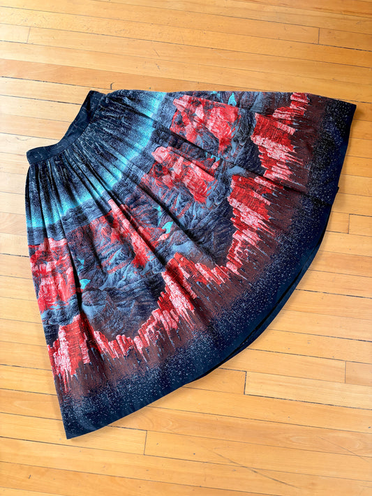 Vintage 1950s Novelty Skirt - Millworth Grand Canyon at Night Scenic Cotton Full Panel Skirt Size S to M