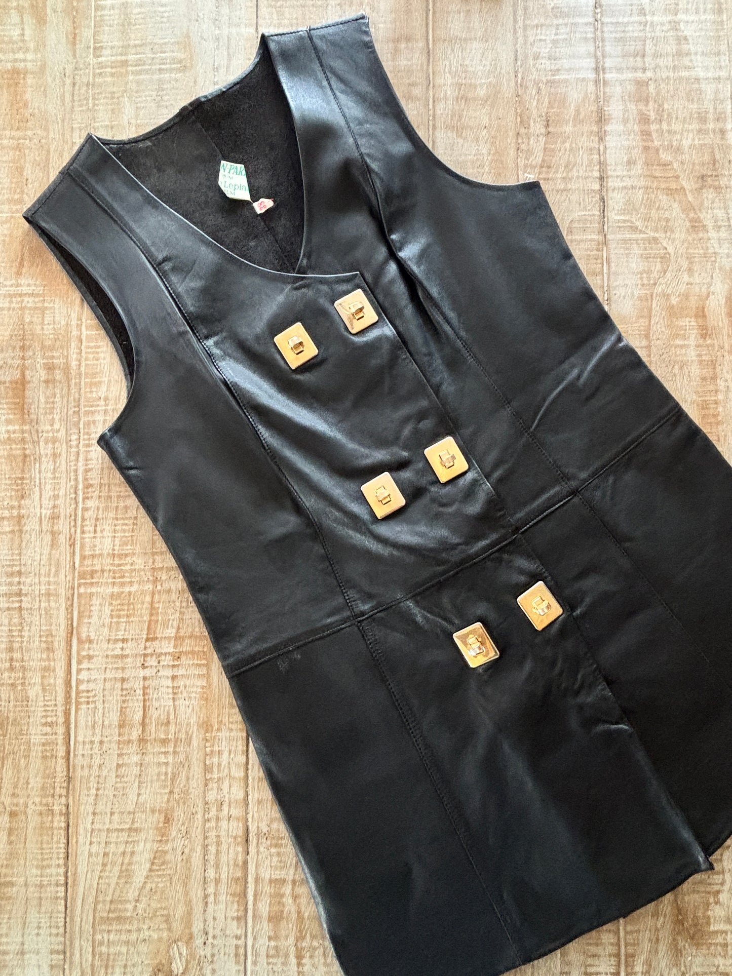 Vintage 1960s Designer Leather Dress - Mod Space Age German Black Princess Mini Brass Turnlocks Size S to M