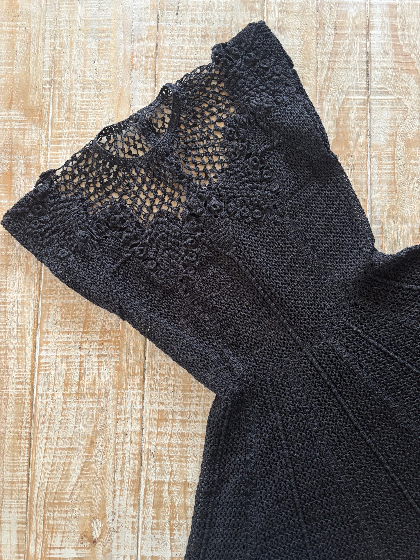 Vintage Crochet Dress - Rare Jet Black Hand-Made Irish-Style Crochet Knit w Spiderweb Motif Size XS to S