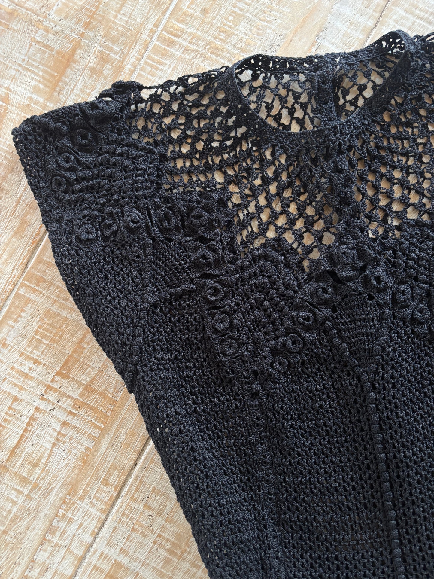 Vintage Crochet Dress - Rare Jet Black Hand-Made Irish-Style Crochet Knit w Spiderweb Motif Size XS to S