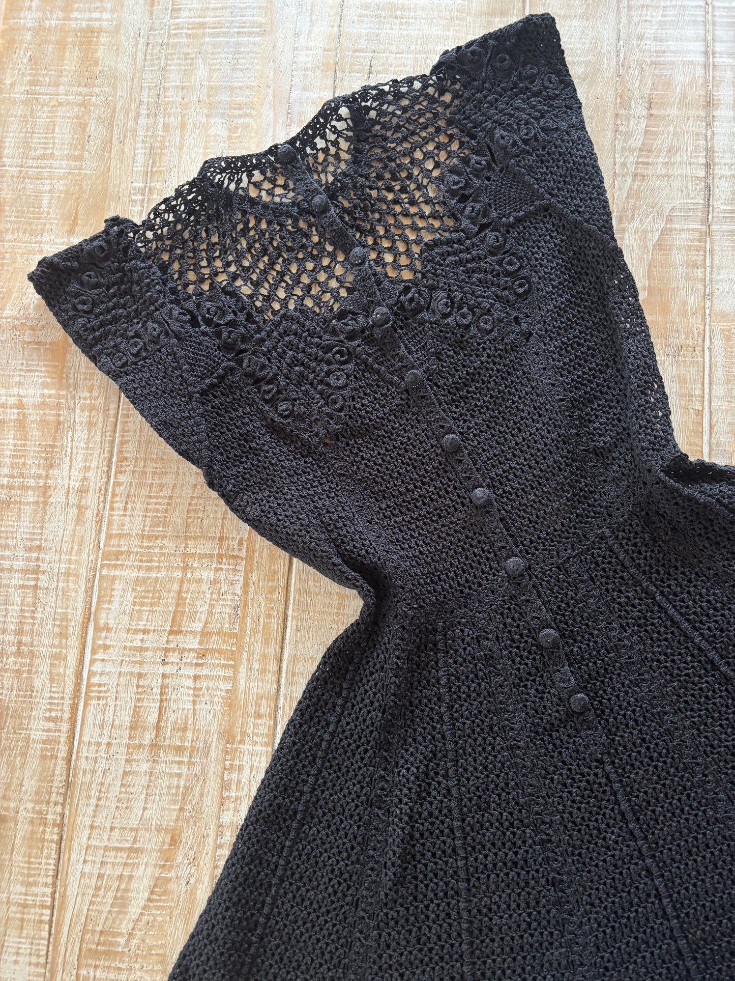 Vintage Crochet Dress - Rare Jet Black Hand-Made Irish-Style Crochet Knit w Spiderweb Motif Size XS to S