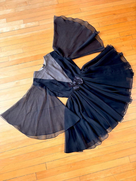Vintage 1960s Dark Angel Dress - Black Silk Chiffon w Daring "Illusion" V-Neckline + Boho Sleeves Size M to L