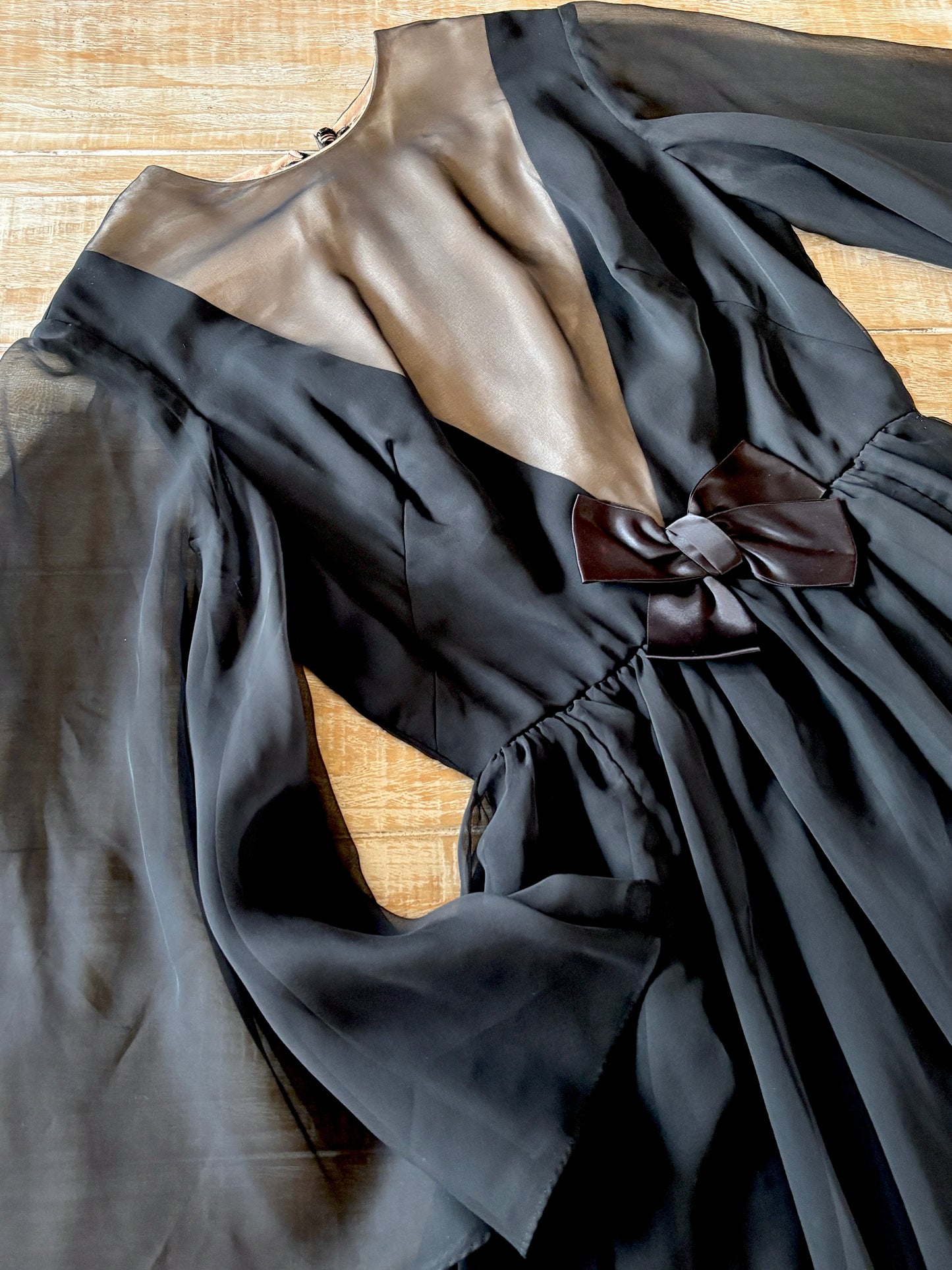 Vintage 1960s Dark Angel Dress - Black Silk Chiffon w Daring "Illusion" V-Neckline + Boho Sleeves Size M to L