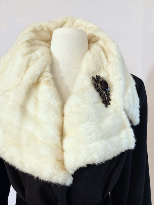 Vintage 1940s Princess Coat - MAGNIFICENT High Contrast Winter White Ermine Fur + Cashmere Swing Car Coat Size M - L