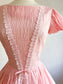 Vintage 1950s - 1960s Dress - Girly Pastel Pink w Pintucks + Lace Cotton Full Skirt Sundress Size S
