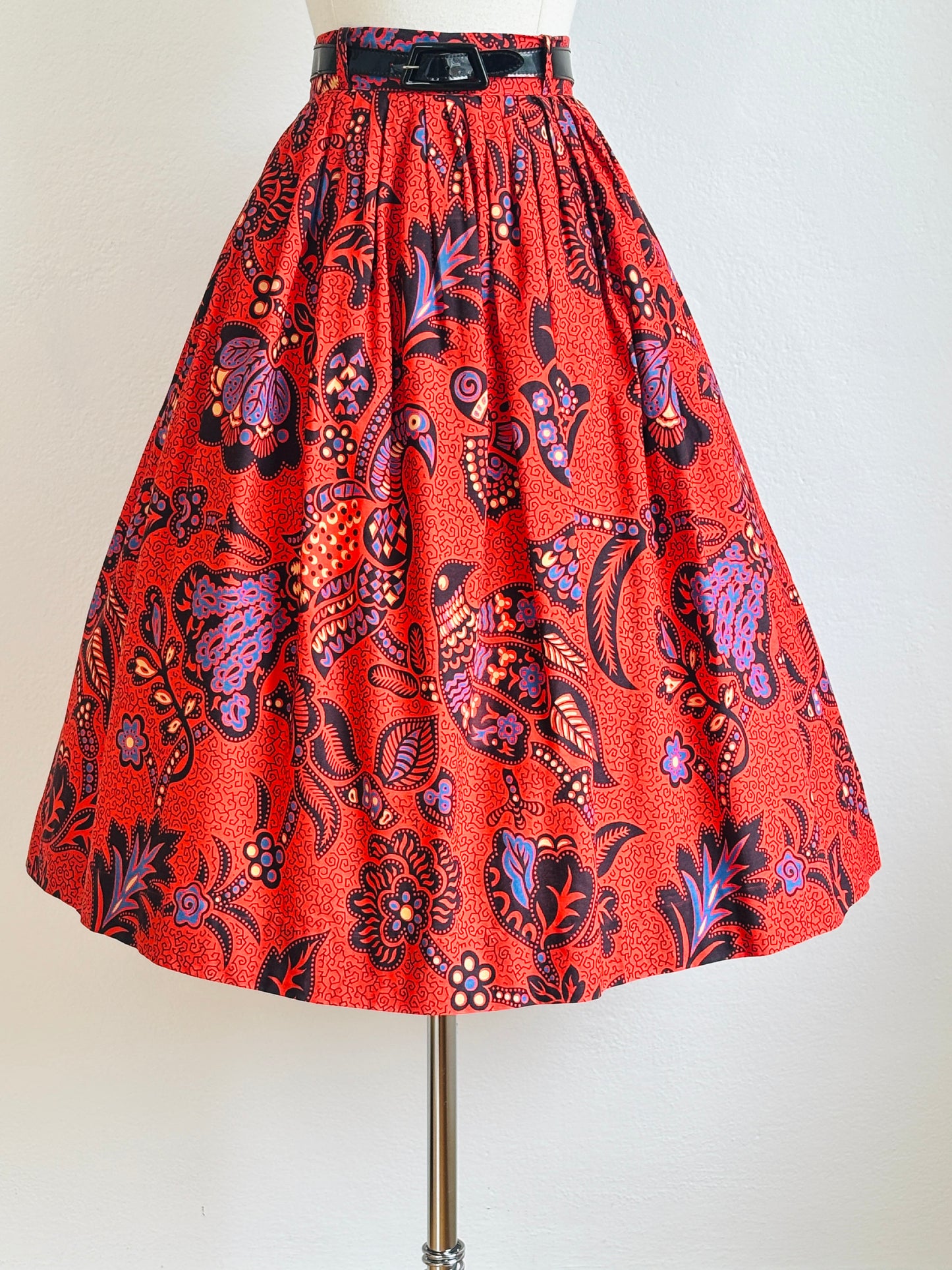 Vintage 1950s Novelty Skirt - Fierce Red Black Blue Yellow Batik Style Cotton Bird Print Size M to L