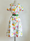 Vintage 1970s Coat Dress - Darling Citrus + Candy Pink Mod Flower Pique Lucite Buttons w Pockets Size M to L
