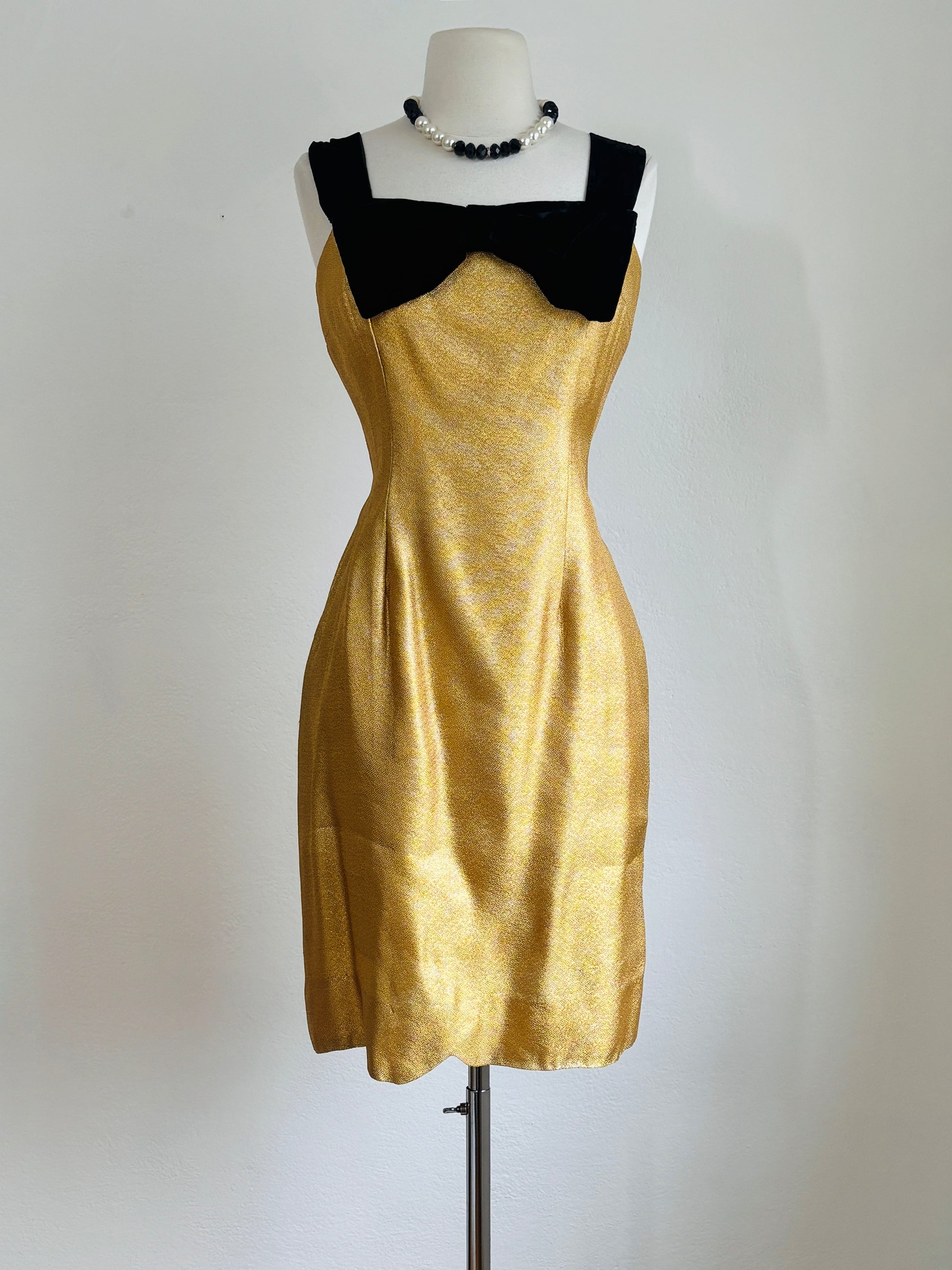 Vintage 1950s to 1960s Gold Lurex Dress - Sexy Jackie Morgan Sculpted Metallic w Black Silk Velvet + Sequin Shawl Size M Vintage 1950s to 1960s Gold Lurex Dress - Sexy Jackie Morgan Sculpted Metallic w Black Silk Velvet + Sequin Shawl Size M