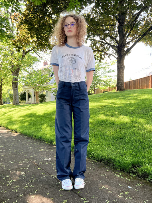 Vintage 1970s Naval Blue Sateen Slacks - RARE Color Deadstock Korea Vietnam War Era STYLE Women's Cotton Utility Workwear Pants Trousers - Choose Your Size