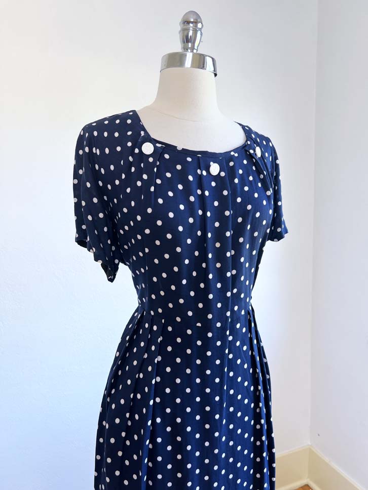 Vintage 1940s Dress - VOLUP Navy Blue White Swingy Cotton-y Rayon Frock w Sailor Novelty Buttons As-is Size XL