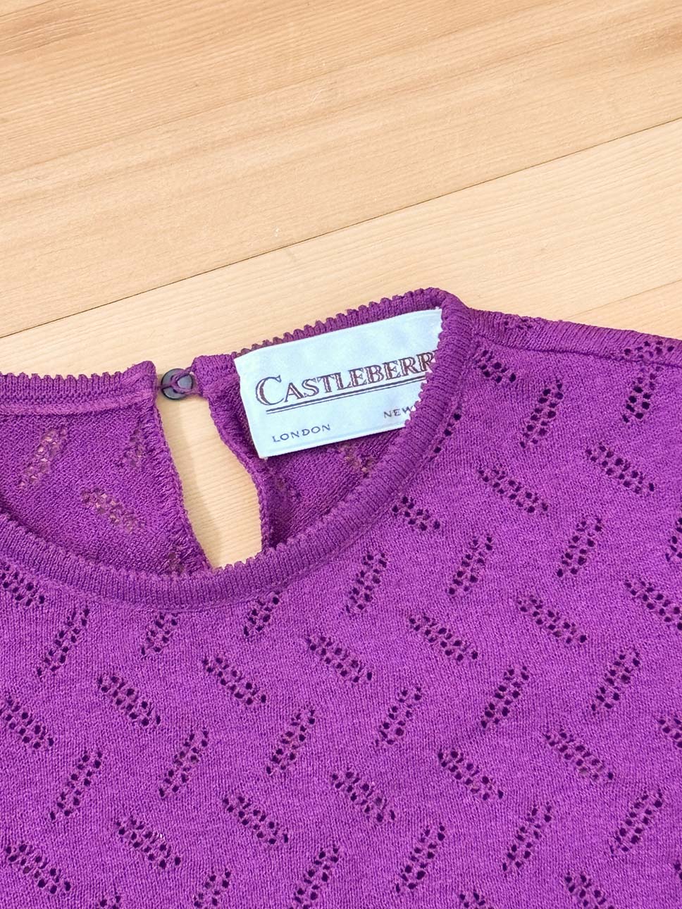 Vintage Early 1980s Castleberry Sweater - SWEET Heliotrope Purple Puff Sleeve Pointelle Knit Top Size XS to M