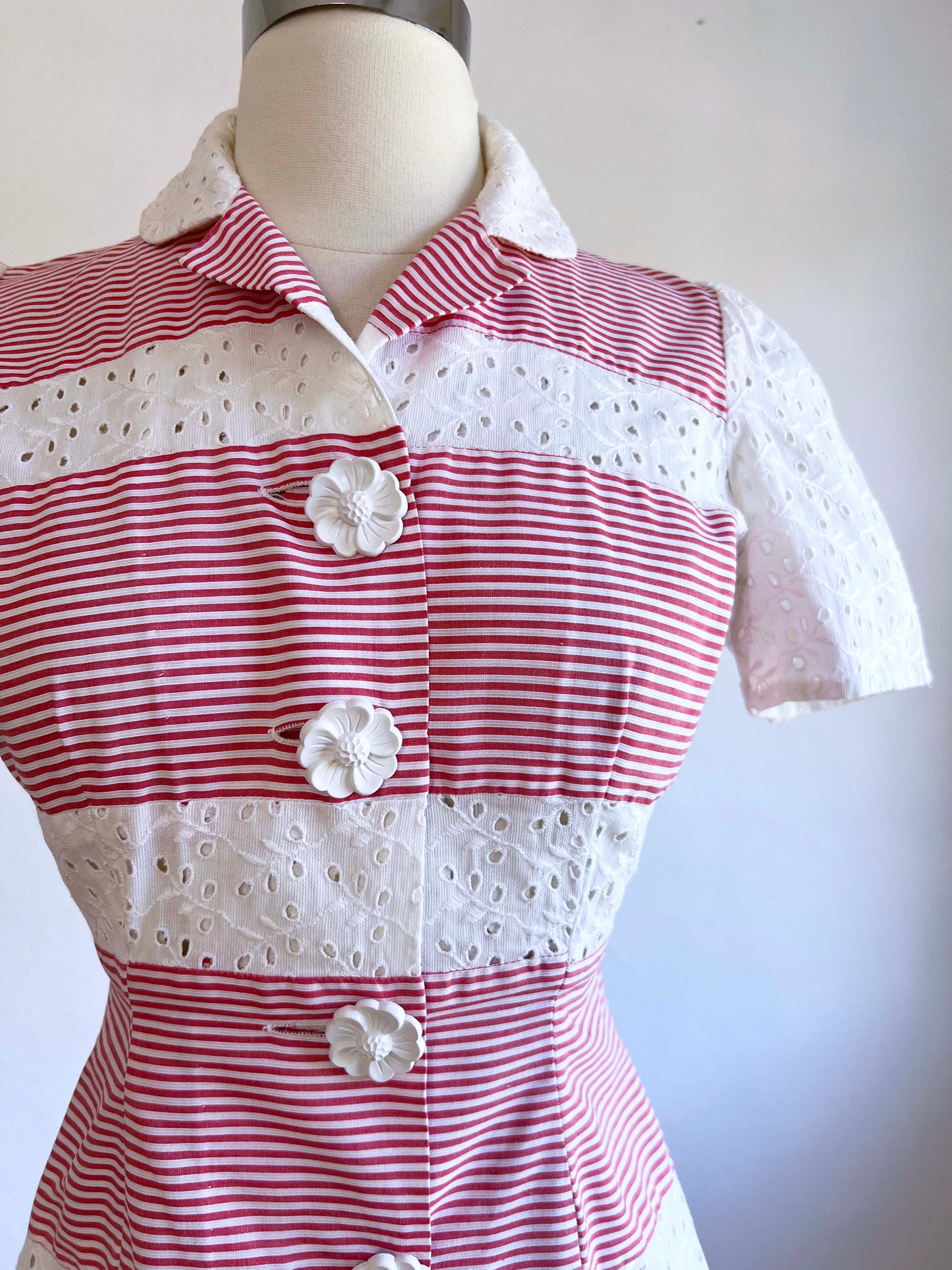 Vintage 1930s to 1940s Cusp Summer Suit - THE CUTEST Deep Pink White Stripe Cotton Eyelet Jacket Skirt w Celluloid Buttons Size XS to S