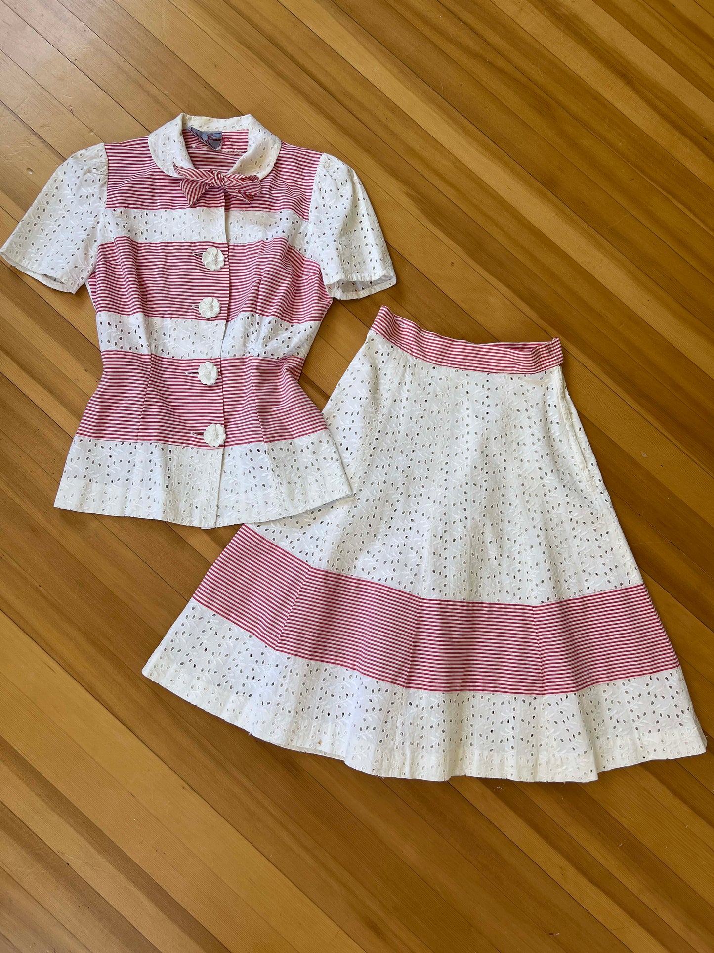 Vintage 1930s to 1940s Cusp Summer Suit - THE CUTEST Deep Pink White Stripe Cotton Eyelet Jacket Skirt w Celluloid Buttons Size XS to S