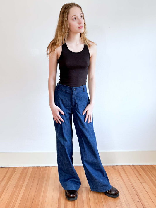 Vintage 1970s Denim Jeans - WIDE FLARE LEGS Dark Wash Sailor Nautical Jeans Pants Rare W32"