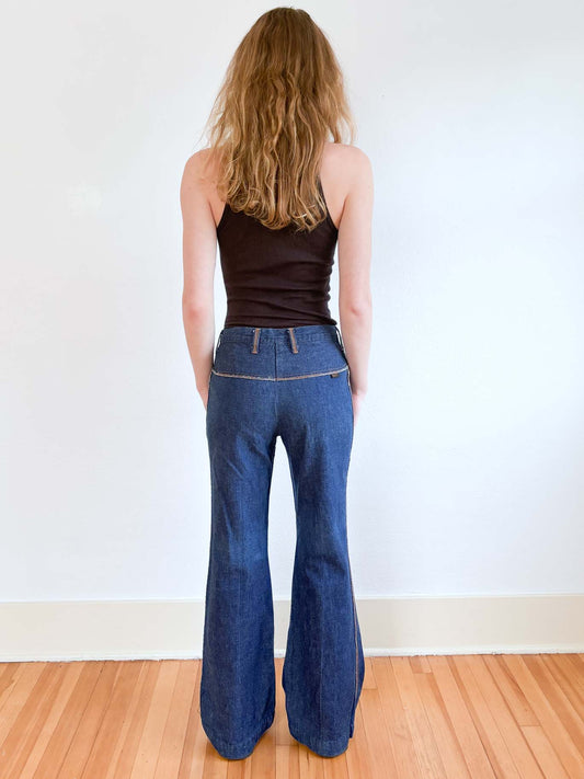 Vintage 1970s Denim Jeans - FRINGE BOOTY! Dark Wash Wide Leg Bell Bottom Flare Pants W28"