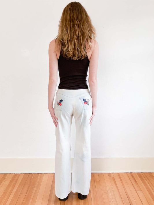 Vintage 1970s Denim Jeans - SUPER CUTE Bleached Light Wash + Patchwork Butterfly Bell Bottom Flare Pants W28"