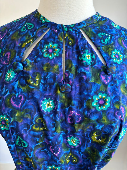 Vintage 1950s to 1960s Dress - Vibrant Electric Peacock Colors Cotton Floral w Heart Print + Cutouts Size L