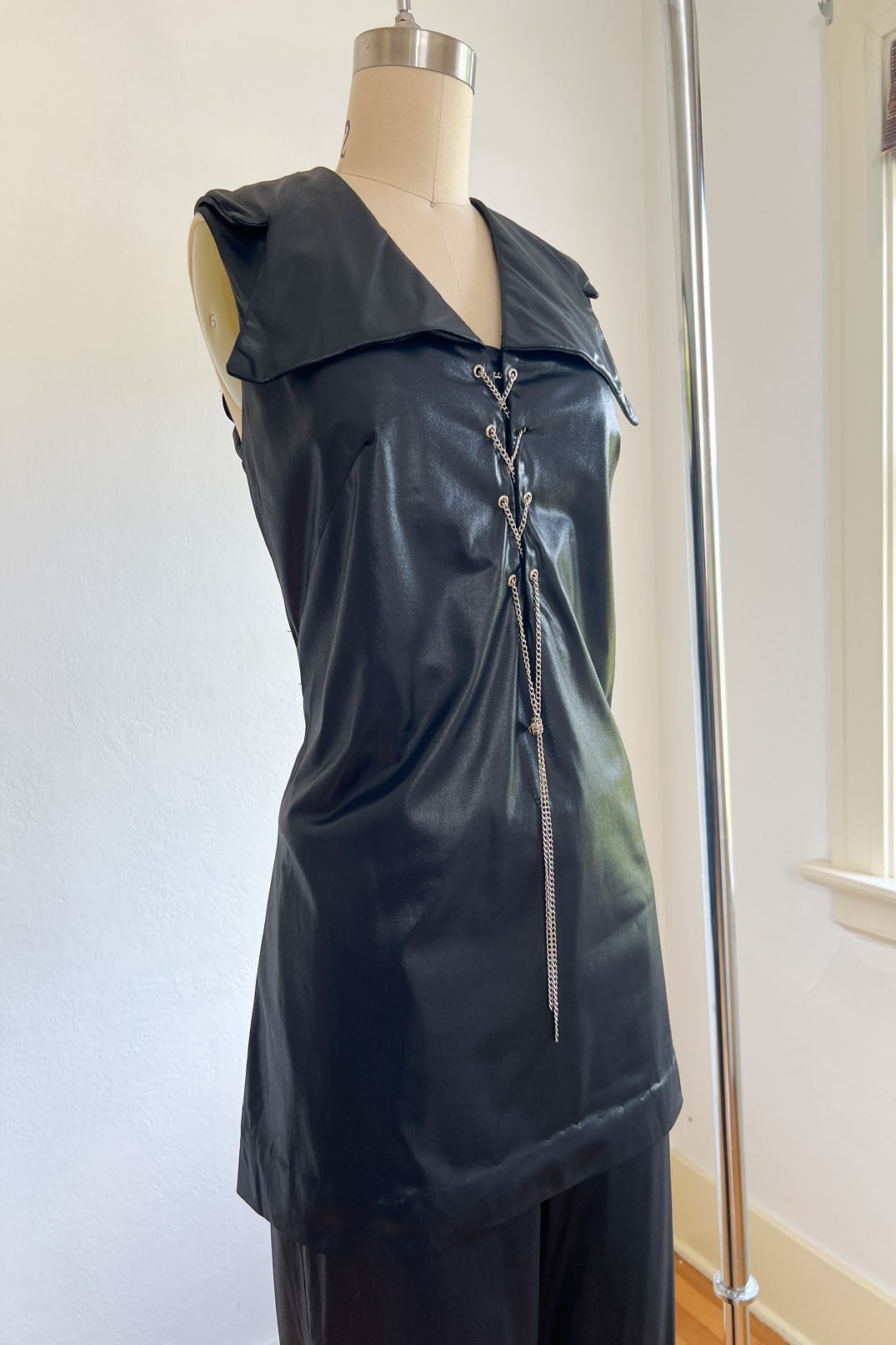 Vintage 1960s to 1970s WILD Fetish Pantsuit - Black Wet Look Slinky Blouse w Stabby Collar + CHAIN Corset, Low-Rise Flare Pants Size M - L