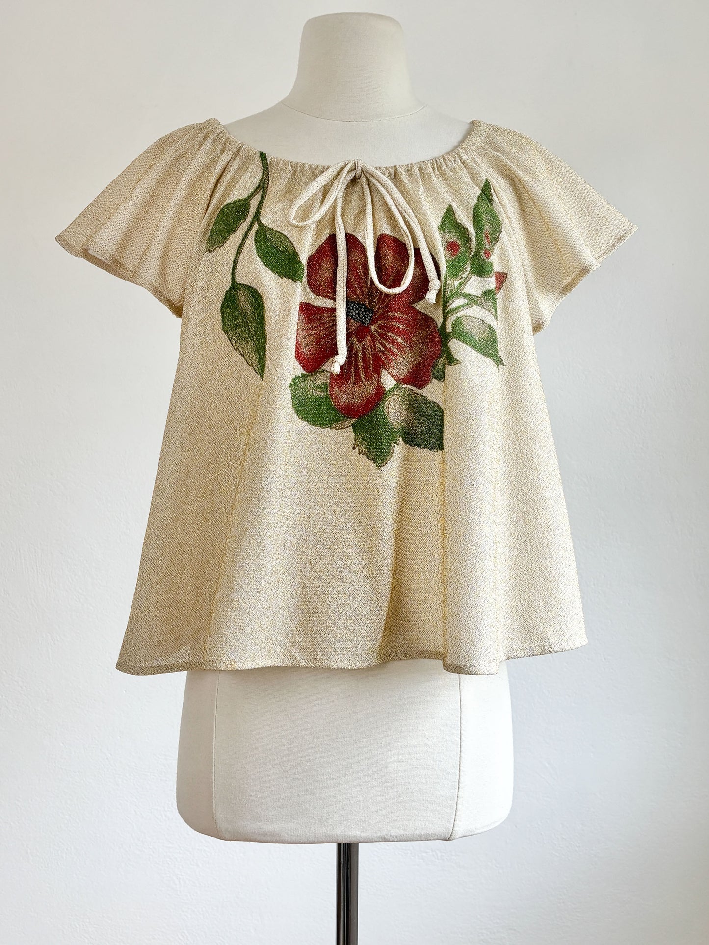 Vintage 1970s Lurex Blouse - Golden Metallic Cream Designer Top w Hibiscus Size S to L