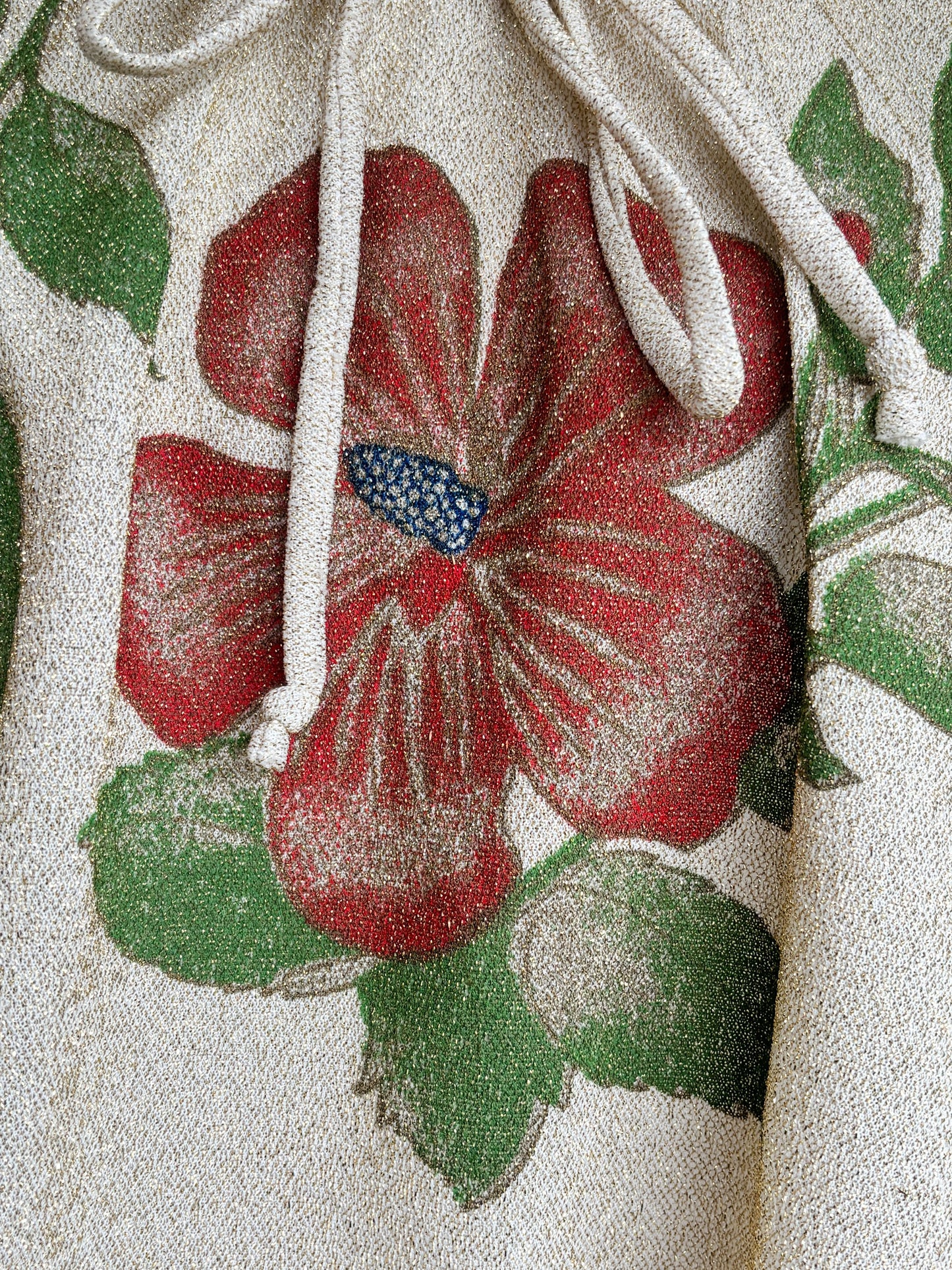 Vintage 1970s Lurex Blouse - Golden Metallic Cream Designer Top w Hibiscus Size S to L