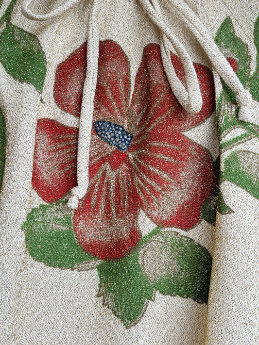 Vintage 1970s Lurex Blouse - Golden Metallic Cream Designer Top w Hibiscus Size S to L