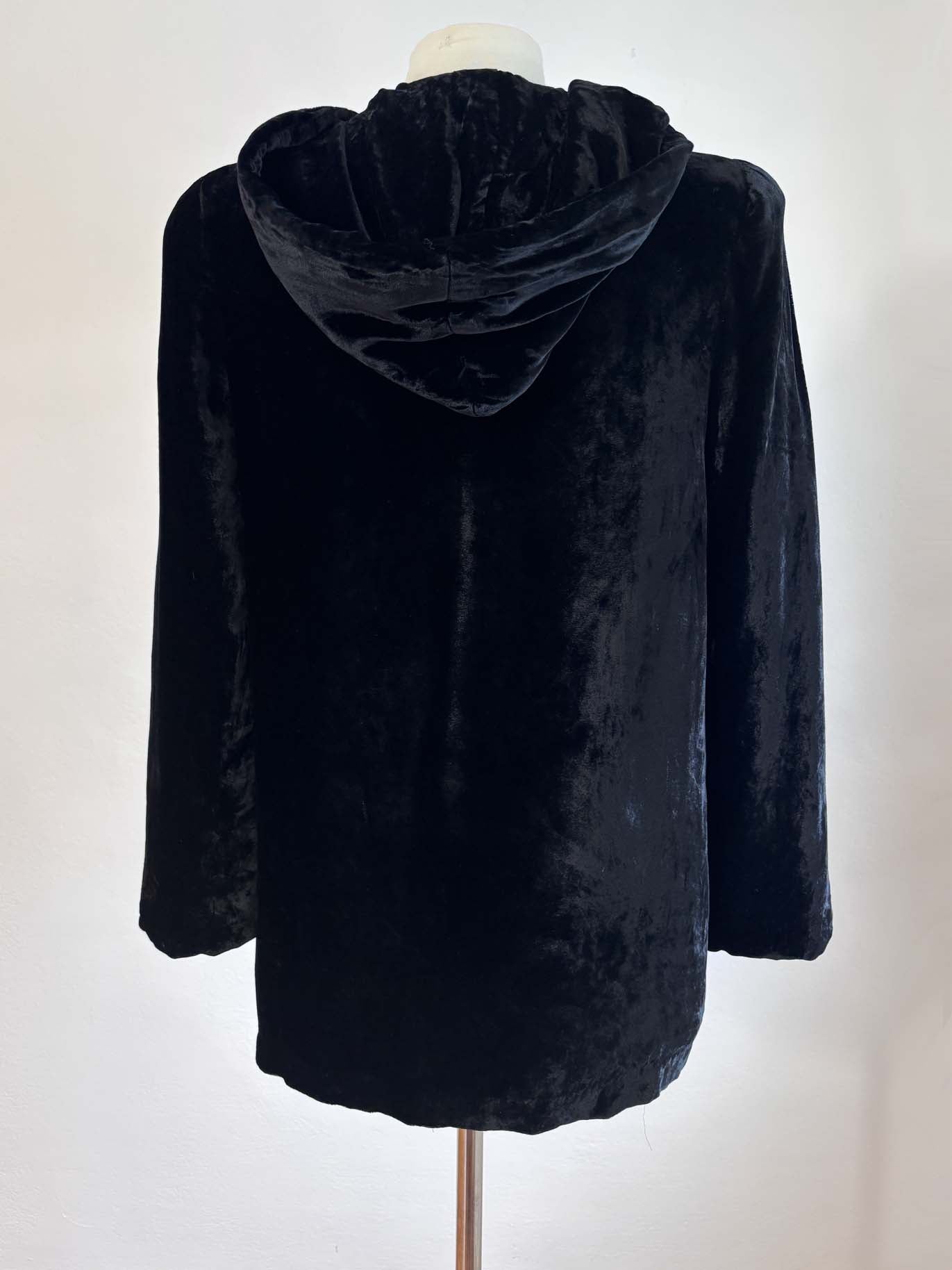 Vintage 1930s Hooded Opera Coat - STUNNING Black Velvet Quilted Cropped Jacket w Hood Size XS to M