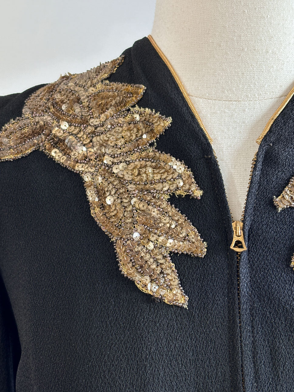 Vintage 1930s Sequin ANGEL WING Jacket - SPECTACULAR Designer Marjone Black Rayon Crepe w GOLD Front Metal Zipper Blouse Size S to M